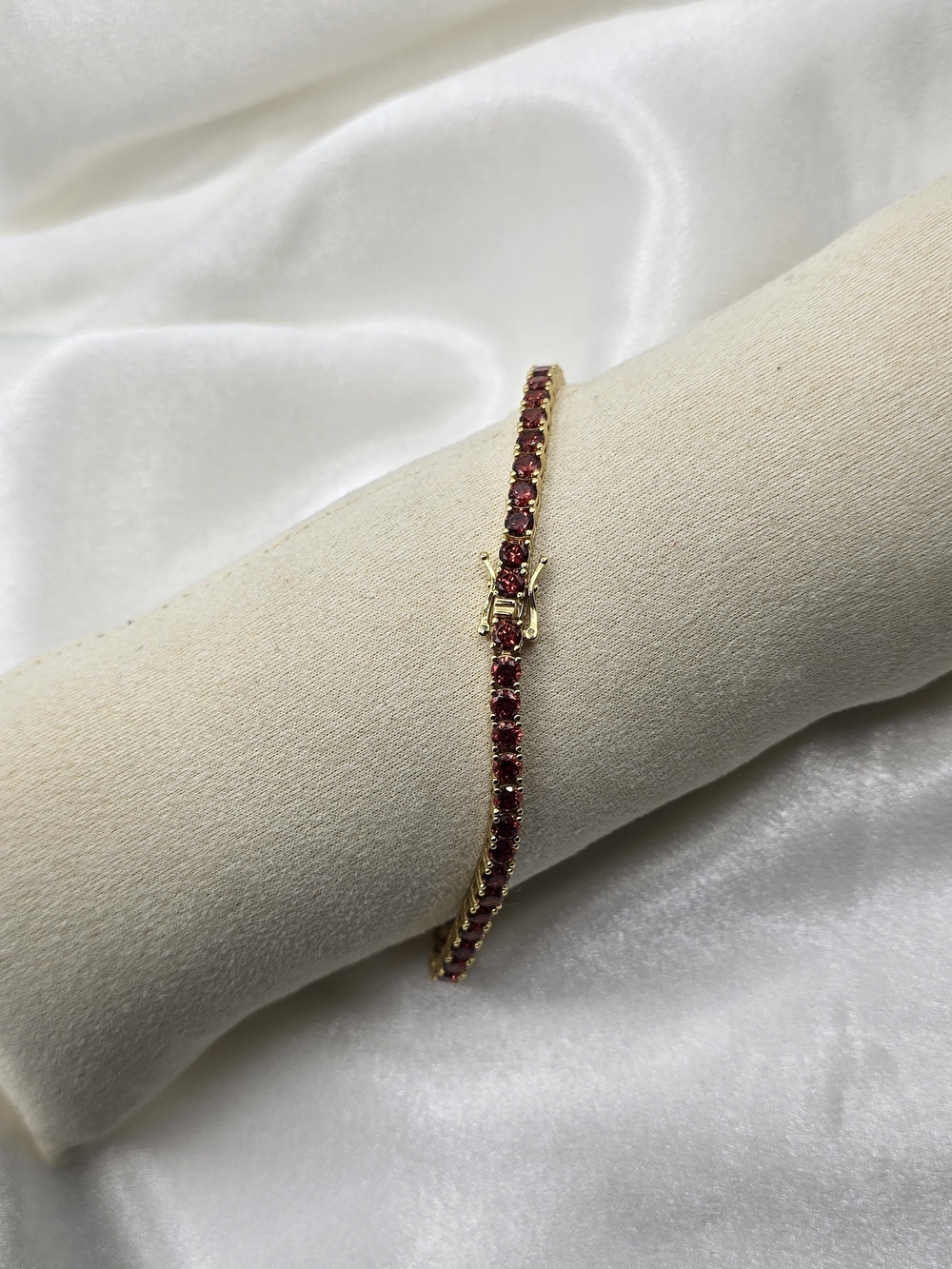 Yellow Gold Over Sterling Silver 925 Tennis Anklet with Garnet Cz Gemstones